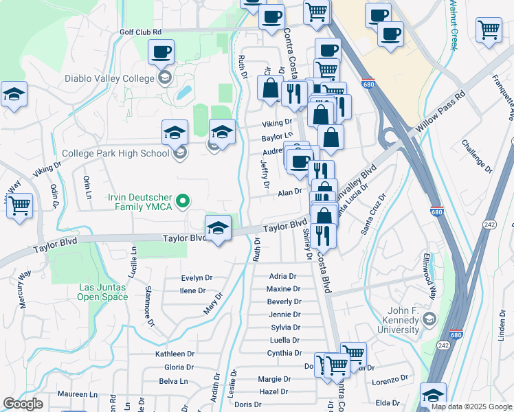 map of restaurants, bars, coffee shops, grocery stores, and more near 90 Alan Drive in Pleasant Hill