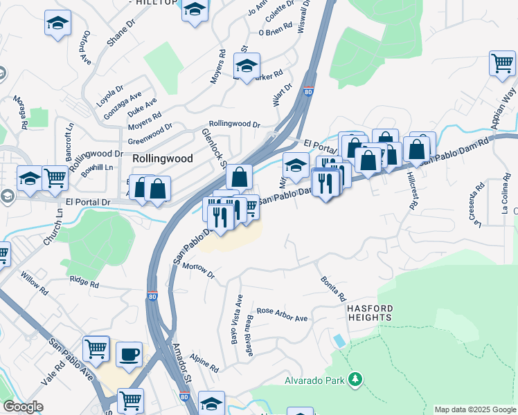 map of restaurants, bars, coffee shops, grocery stores, and more near 3445 San Pablo Dam Road in El Sobrante