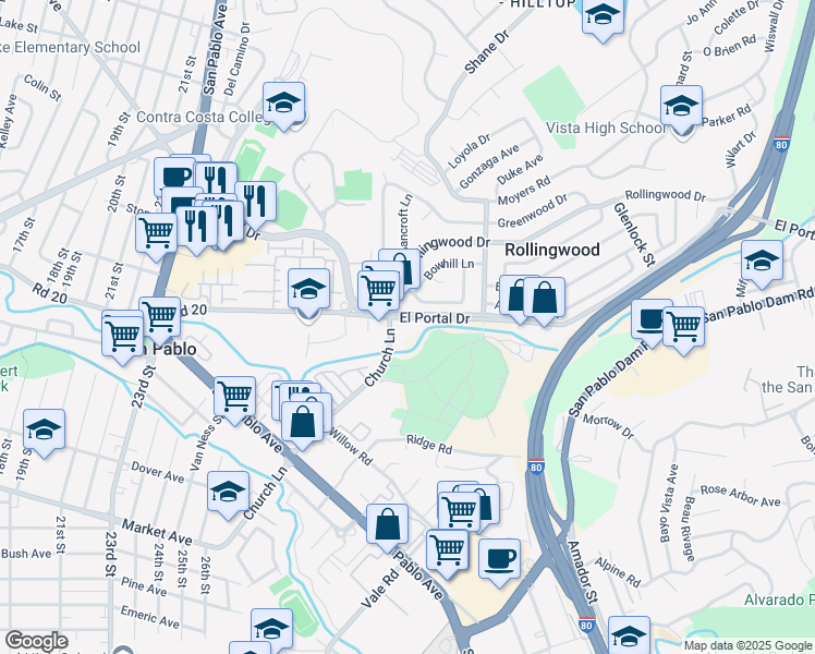 map of restaurants, bars, coffee shops, grocery stores, and more near 2383 Greenwood Drive in San Pablo