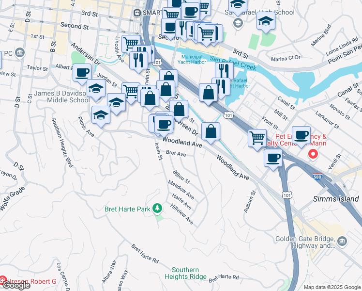 map of restaurants, bars, coffee shops, grocery stores, and more near 70 Woodland Avenue in San Rafael