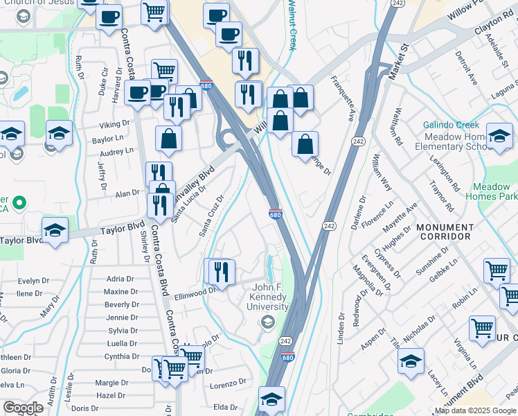 map of restaurants, bars, coffee shops, grocery stores, and more near 700 Ellinwood Way in Pleasant Hill