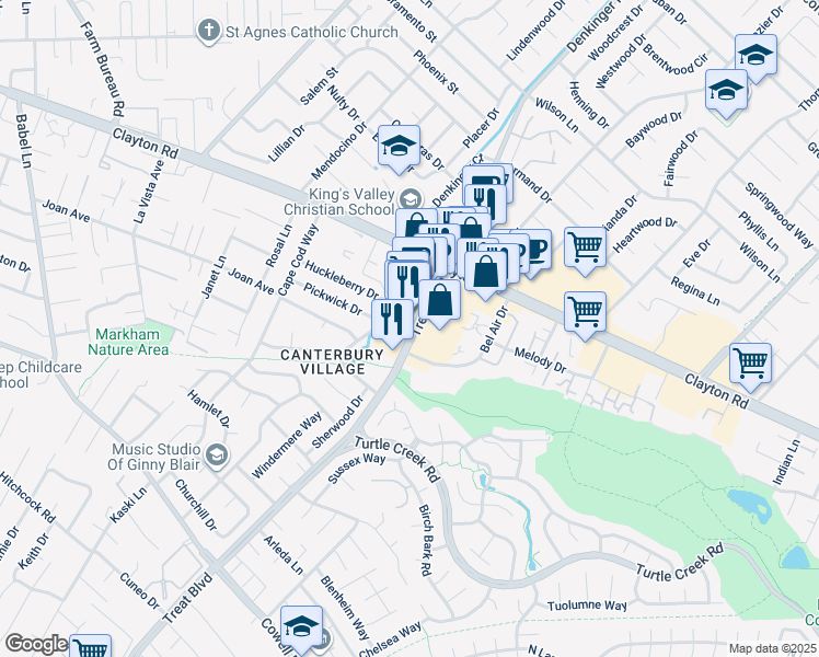 map of restaurants, bars, coffee shops, grocery stores, and more near 4476 Treat Boulevard in Concord
