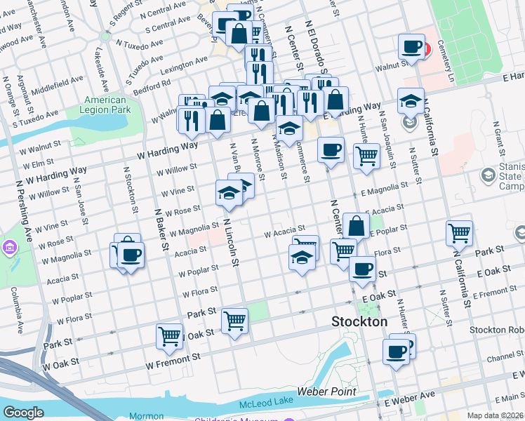 map of restaurants, bars, coffee shops, grocery stores, and more near 300 West Rose Street in Stockton