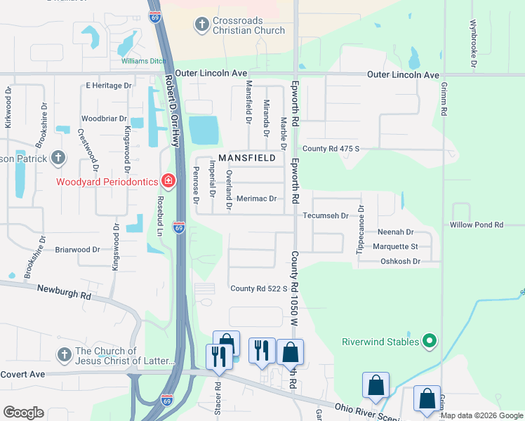 map of restaurants, bars, coffee shops, grocery stores, and more near 10658 Merimac Drive in Newburgh