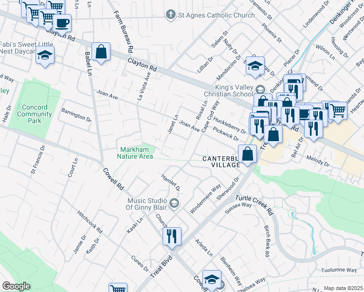 map of restaurants, bars, coffee shops, grocery stores, and more near 1381 Rosal Lane in Concord