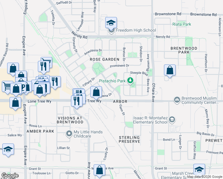 map of restaurants, bars, coffee shops, grocery stores, and more near 1220 Picadilly Lane in Brentwood