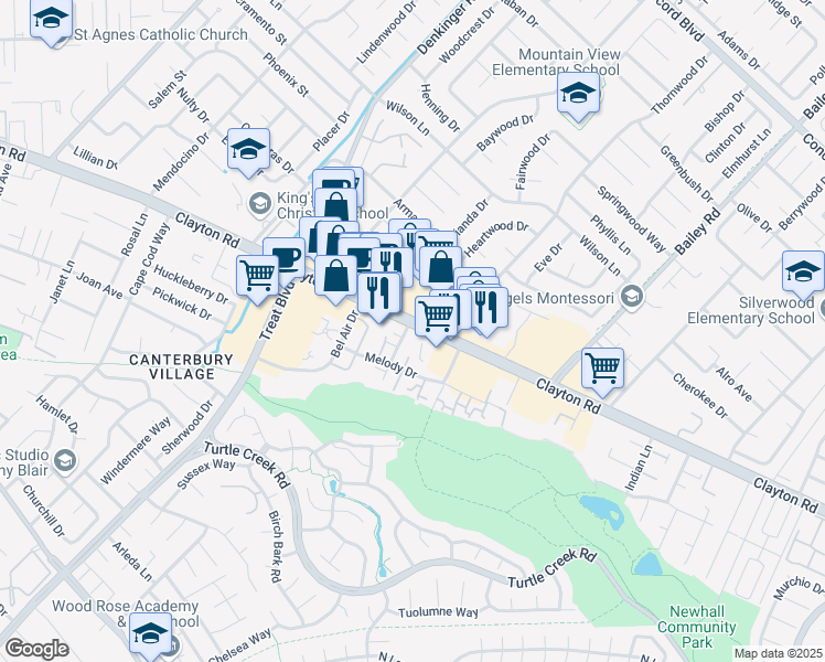 map of restaurants, bars, coffee shops, grocery stores, and more near 4462 Clayton Road in Concord