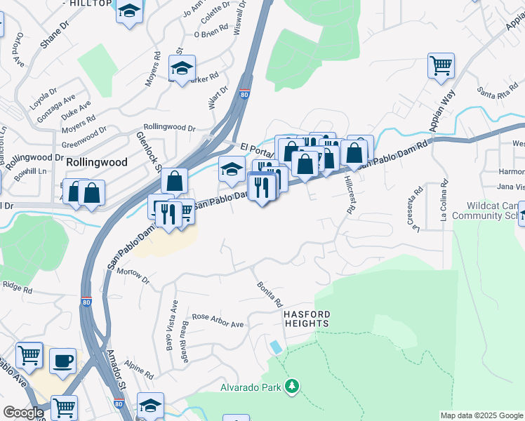 map of restaurants, bars, coffee shops, grocery stores, and more near 3550 San Pablo Dam Road in El Sobrante