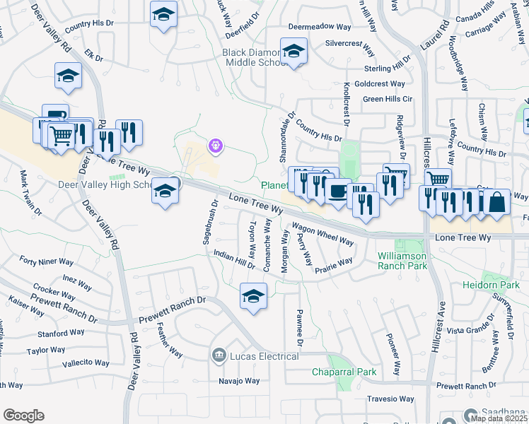 map of restaurants, bars, coffee shops, grocery stores, and more near 5057 Longhorn Way in Antioch