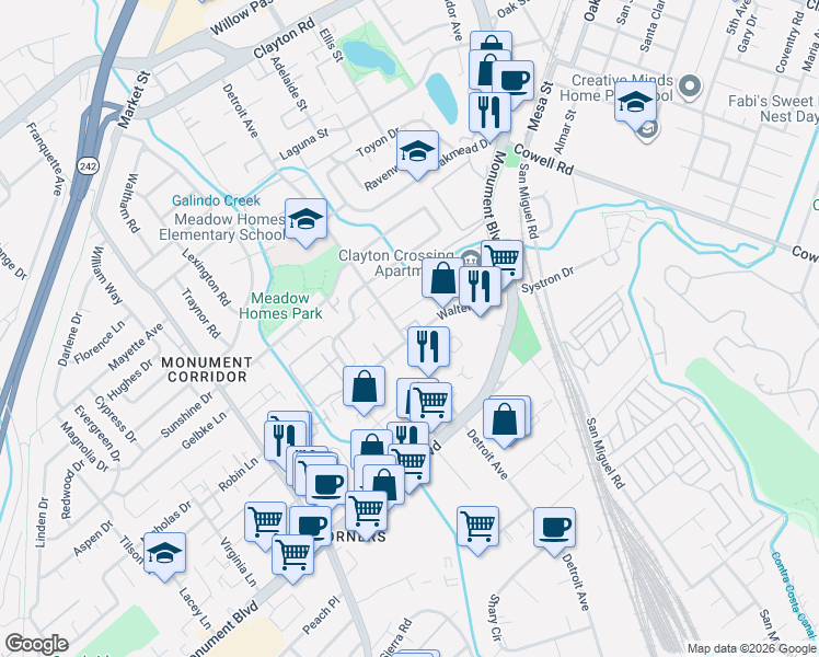 map of restaurants, bars, coffee shops, grocery stores, and more near 1220 Detroit Avenue in Concord