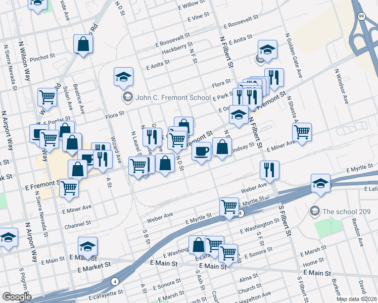 map of restaurants, bars, coffee shops, grocery stores, and more near 2285 East Fremont Street in Stockton