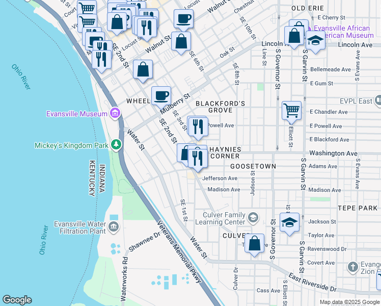 map of restaurants, bars, coffee shops, grocery stores, and more near 814 Southeast 2nd Street in Evansville