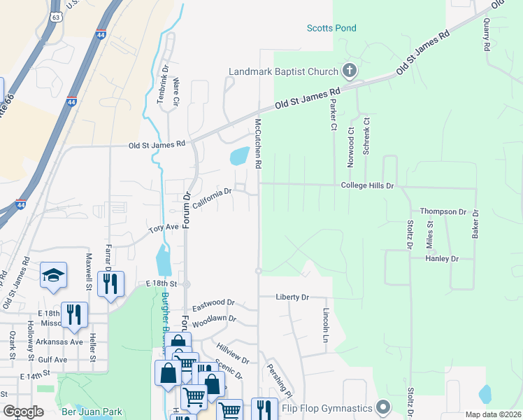 map of restaurants, bars, coffee shops, grocery stores, and more near 1962 McCutchen Road in Rolla