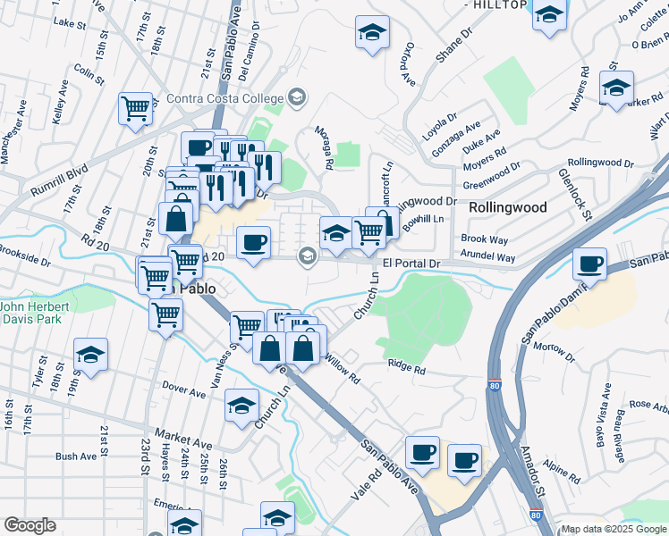 map of restaurants, bars, coffee shops, grocery stores, and more near 2500 Road 20 in San Pablo