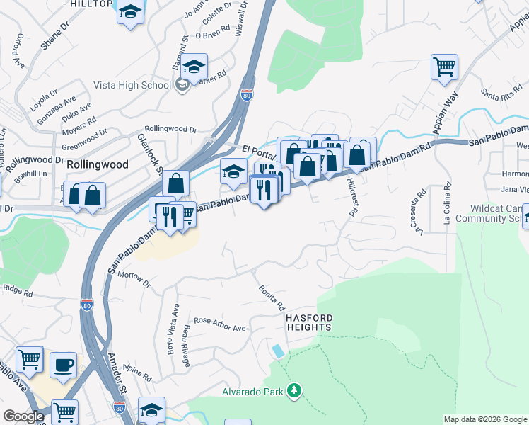 map of restaurants, bars, coffee shops, grocery stores, and more near 3550 San Pablo Dam Road in El Sobrante
