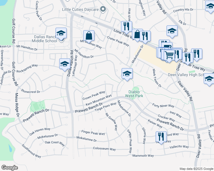 map of restaurants, bars, coffee shops, grocery stores, and more near 1910 Mount Conness Way in Antioch