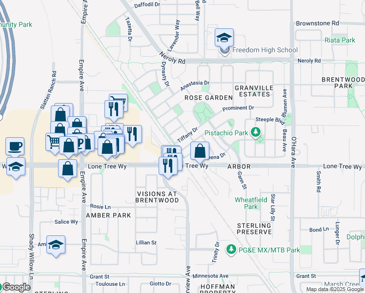 map of restaurants, bars, coffee shops, grocery stores, and more near 1270 Picadilly Lane in Brentwood