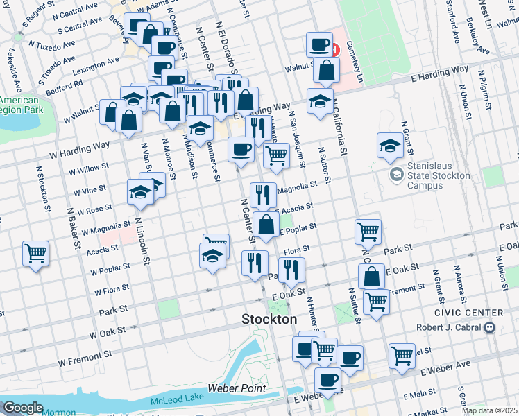 map of restaurants, bars, coffee shops, grocery stores, and more near 1045 North El Dorado Street in Stockton