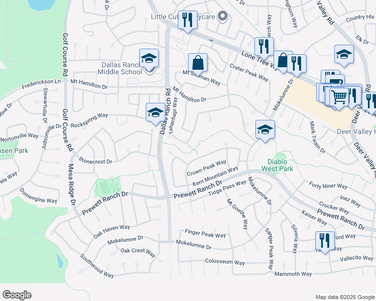 map of restaurants, bars, coffee shops, grocery stores, and more near 5196 Tehachapi Court in Antioch