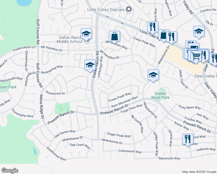 map of restaurants, bars, coffee shops, grocery stores, and more near 5196 Tehachapi Court in Antioch