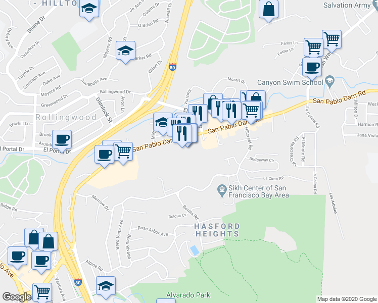 map of restaurants, bars, coffee shops, grocery stores, and more near 3550 San Pablo Dam Road in El Sobrante