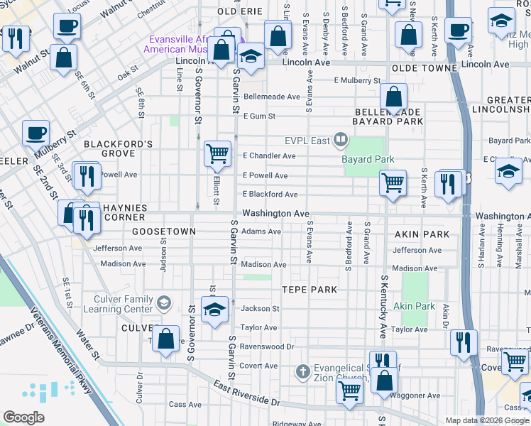 map of restaurants, bars, coffee shops, grocery stores, and more near 998 South Morton Avenue in Evansville