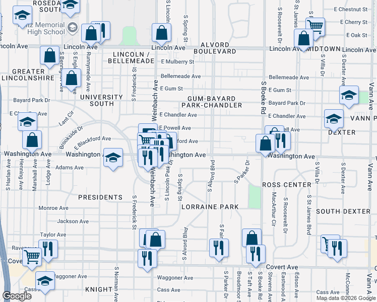 map of restaurants, bars, coffee shops, grocery stores, and more near 2121-2125 East Blackford Avenue in Evansville