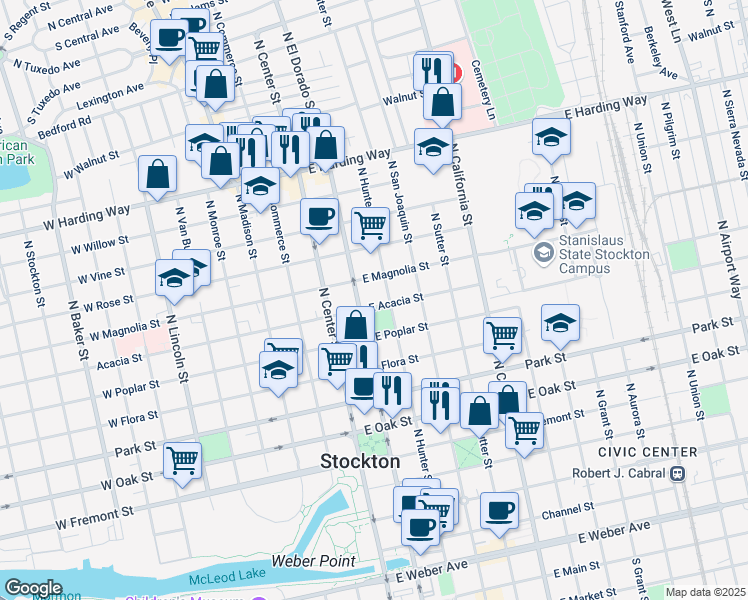 map of restaurants, bars, coffee shops, grocery stores, and more near 1047 North Hunter Street in Stockton
