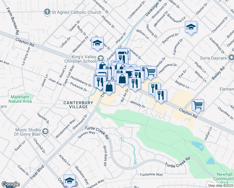 map of restaurants, bars, coffee shops, grocery stores, and more near 1435 Bel Air Drive in Concord
