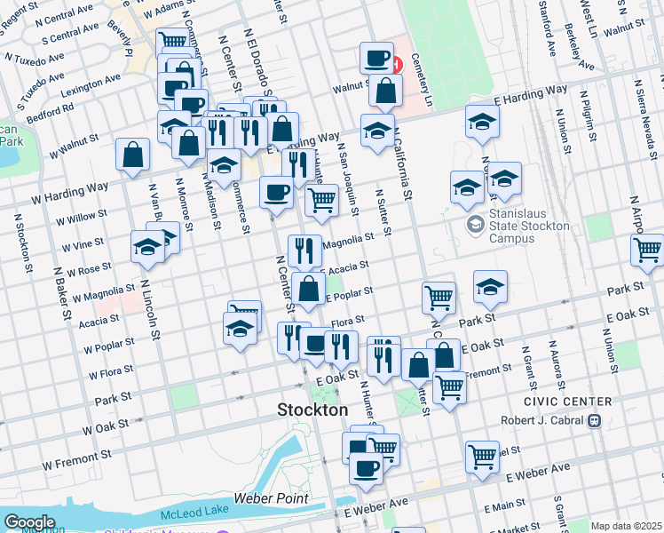 map of restaurants, bars, coffee shops, grocery stores, and more near 1047 North Hunter Street in Stockton