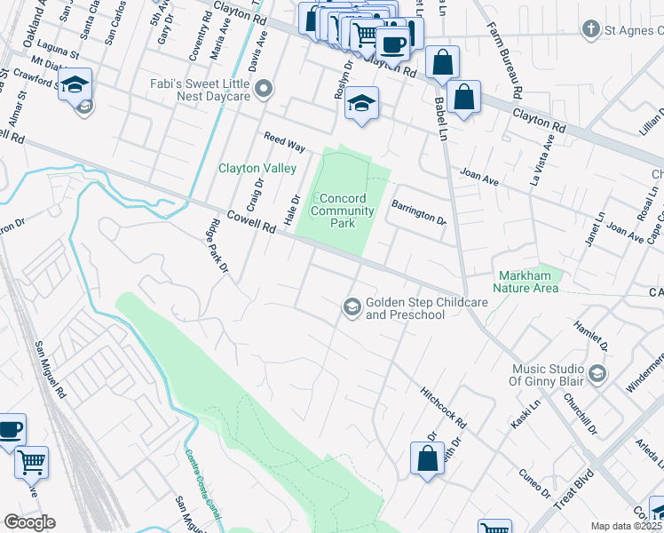 map of restaurants, bars, coffee shops, grocery stores, and more near 3679 Bon Homme Way in Concord
