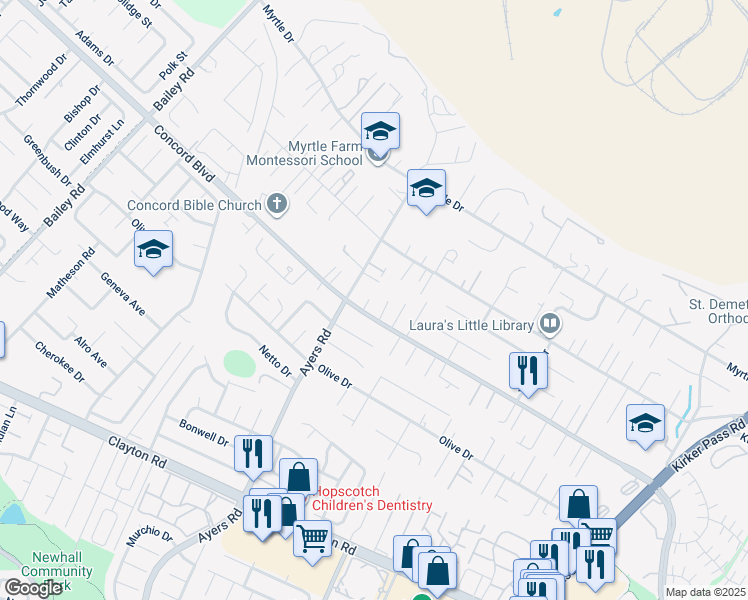 map of restaurants, bars, coffee shops, grocery stores, and more near 1802 Creekside Lane in Concord
