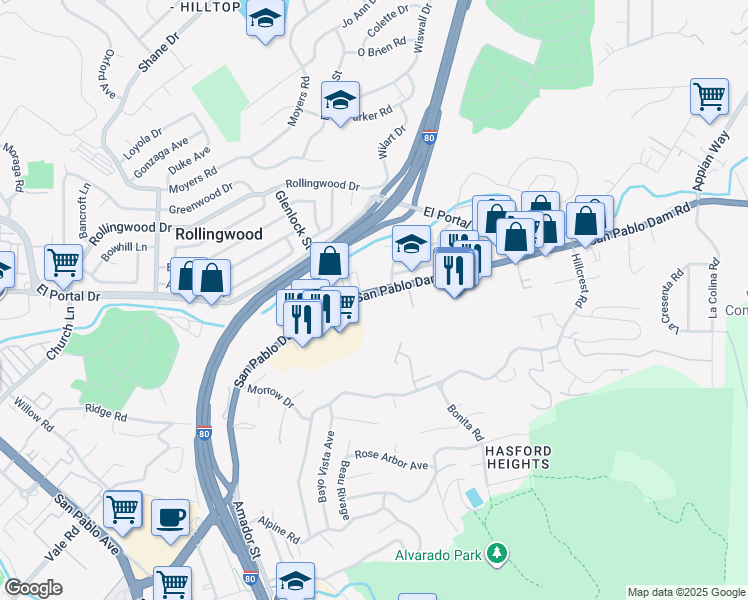 map of restaurants, bars, coffee shops, grocery stores, and more near 3430 San Pablo Dam Road in San Pablo