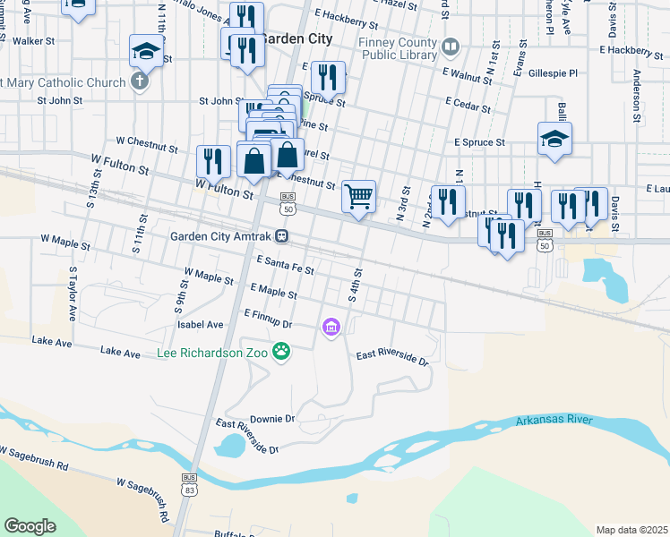 map of restaurants, bars, coffee shops, grocery stores, and more near 100 South 5th Street in Garden City