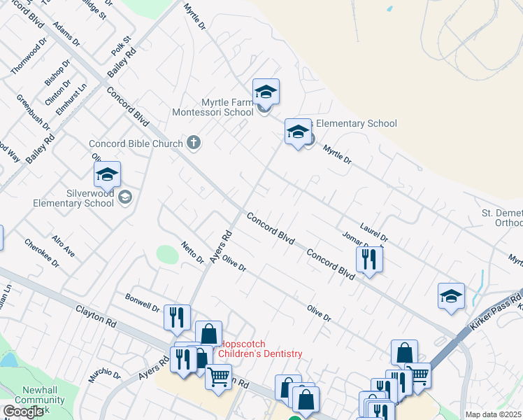 map of restaurants, bars, coffee shops, grocery stores, and more near 1802 Creekside Lane in Concord