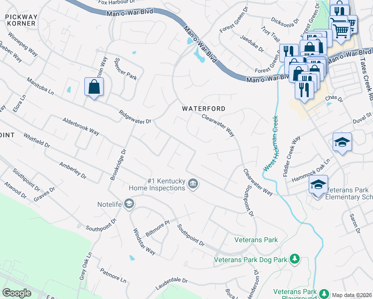 map of restaurants, bars, coffee shops, grocery stores, and more near 657 Emmett Creek Lane in Lexington