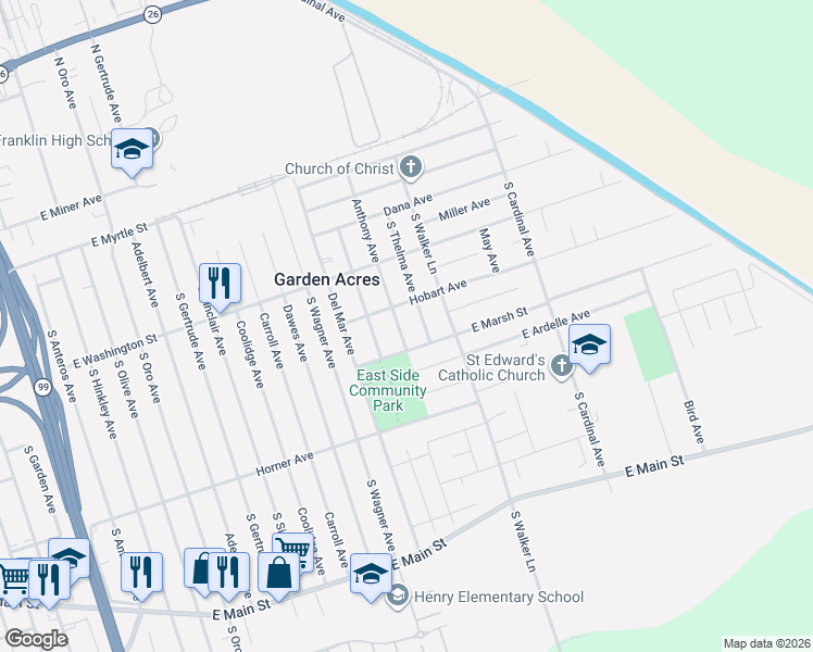 map of restaurants, bars, coffee shops, grocery stores, and more near 315 South Thelma Avenue in Stockton