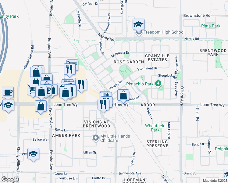 map of restaurants, bars, coffee shops, grocery stores, and more near 1358 Tiffany Drive in Brentwood