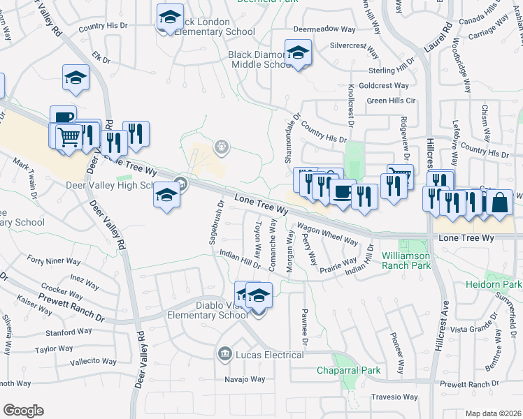 map of restaurants, bars, coffee shops, grocery stores, and more near 5049 Longhorn Way in Antioch