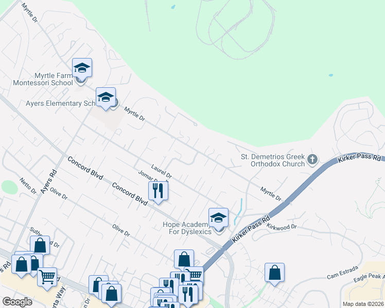 map of restaurants, bars, coffee shops, grocery stores, and more near 5170 Myrtle Drive in Concord