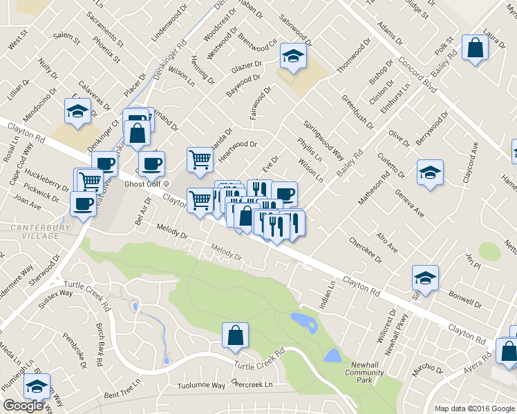 map of restaurants, bars, coffee shops, grocery stores, and more near 4655 East Rishell Court in Concord