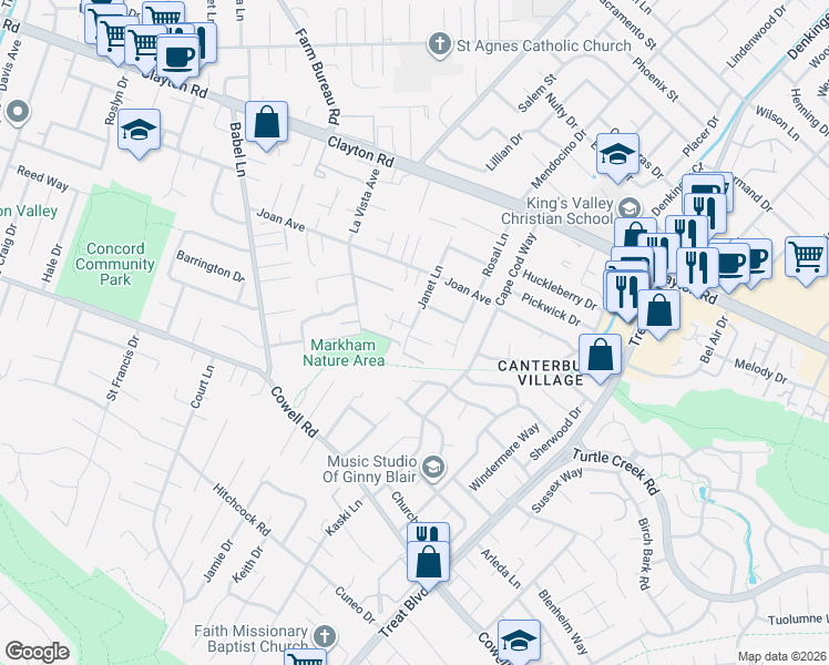 map of restaurants, bars, coffee shops, grocery stores, and more near 1377 Janet Lane in Concord