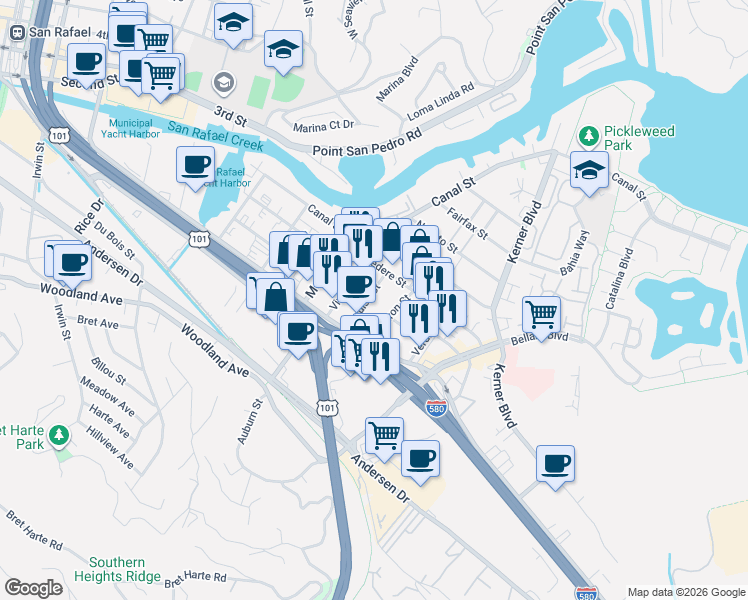 map of restaurants, bars, coffee shops, grocery stores, and more near 91 Louise Street in San Rafael