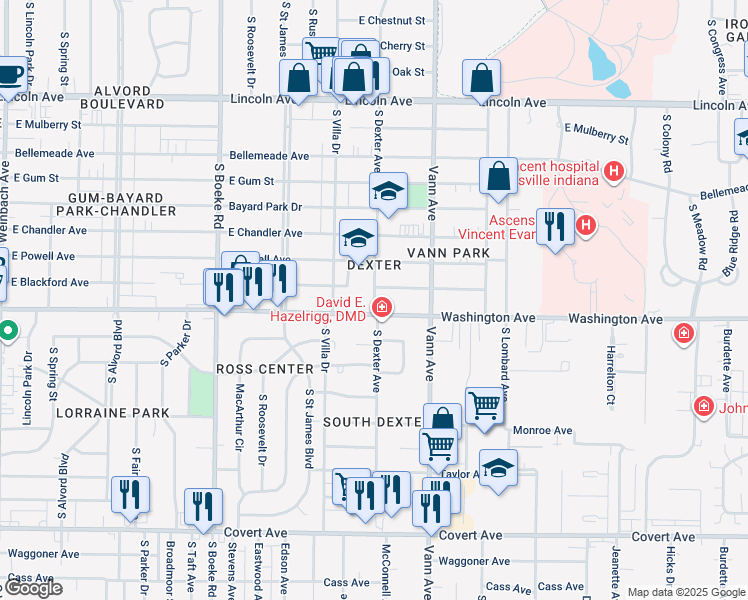 map of restaurants, bars, coffee shops, grocery stores, and more near 3000 East Blackford Avenue in Evansville