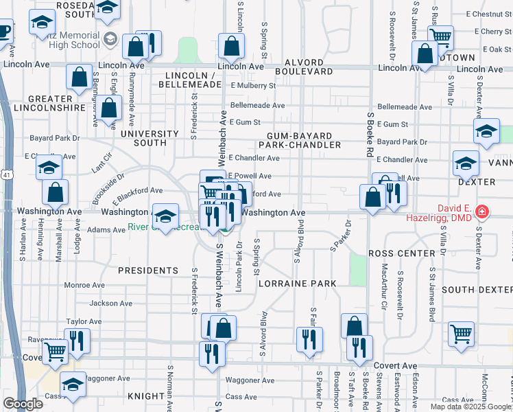 map of restaurants, bars, coffee shops, grocery stores, and more near 2027 East Blackford Avenue in Evansville