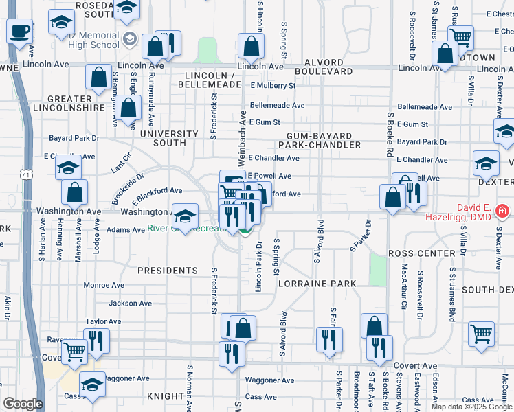 map of restaurants, bars, coffee shops, grocery stores, and more near 2027 East Blackford Avenue in Evansville