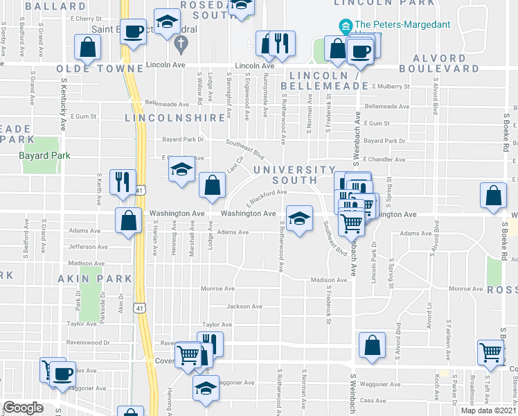 map of restaurants, bars, coffee shops, grocery stores, and more near 1625b East Blackford Avenue in Evansville