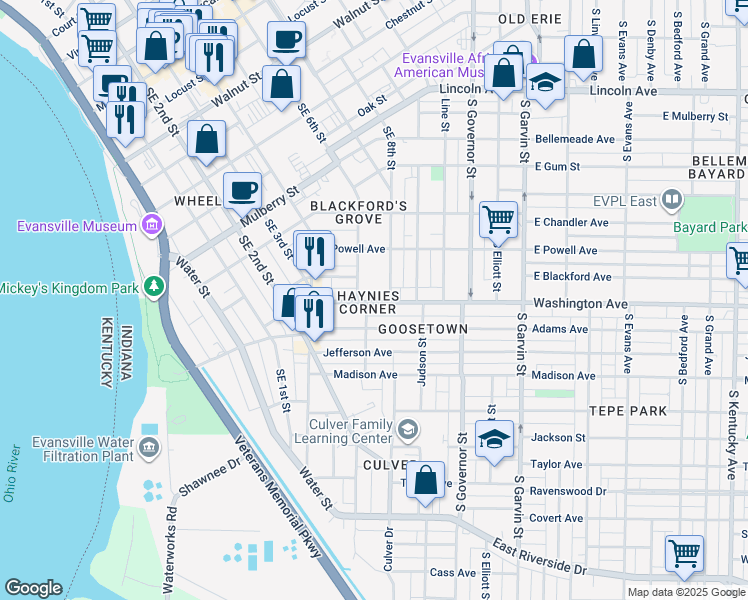 map of restaurants, bars, coffee shops, grocery stores, and more near in Evansville