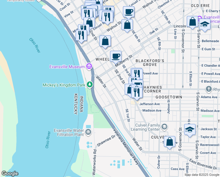 map of restaurants, bars, coffee shops, grocery stores, and more near 19 Chandler Avenue in Evansville