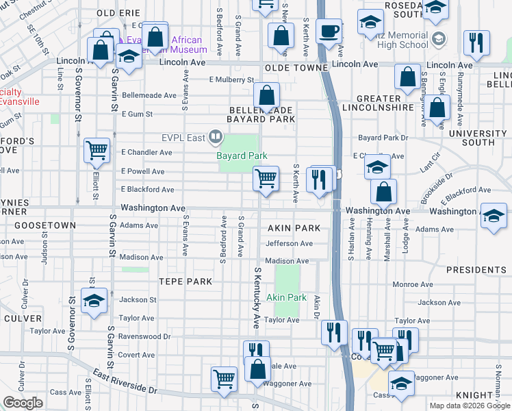 map of restaurants, bars, coffee shops, grocery stores, and more near 1003 East Blackford Avenue in Evansville